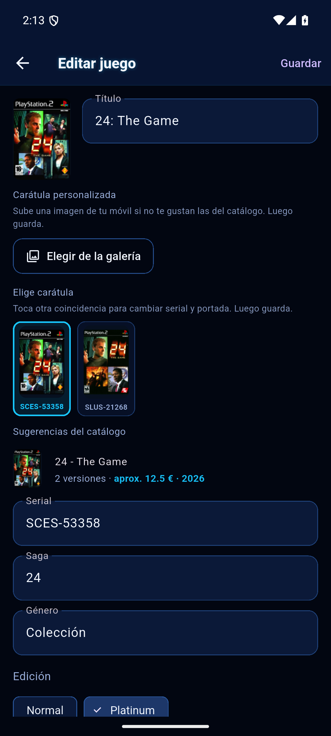 Detalle de un juego en PS2 Collection Manager